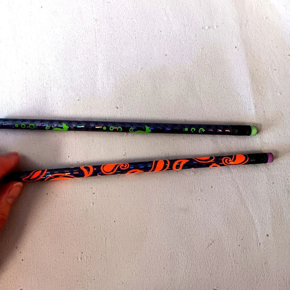 VTG 90s Holographic Neon Pencils Lot of‎ 2 Blue Orange Green Seahorse Flame USA